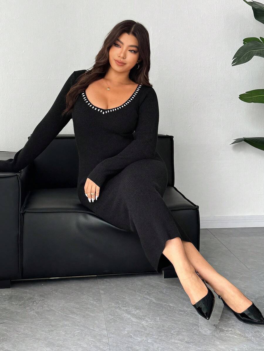 Dazy Plus 大码女式水钻装饰 V 领修身长袖超长毛衣裙，适合宴会、秋冬舞会礼服 - 黑色 - 查看 1