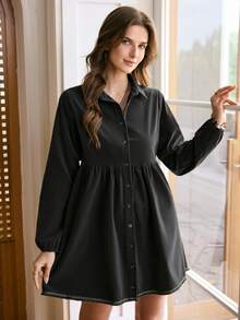 LanaWest Western Style Long Sleeve Ruffle Tie Waist Loose Women Short Dress - Dark Grey - View 5