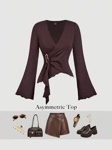 SHEIN MOD Women's Casual Solid Color V-Neck Long Sleeve T-Shirt, Fall/Winter, Women's Halloween Costume ,Casual For Women , Brown Top