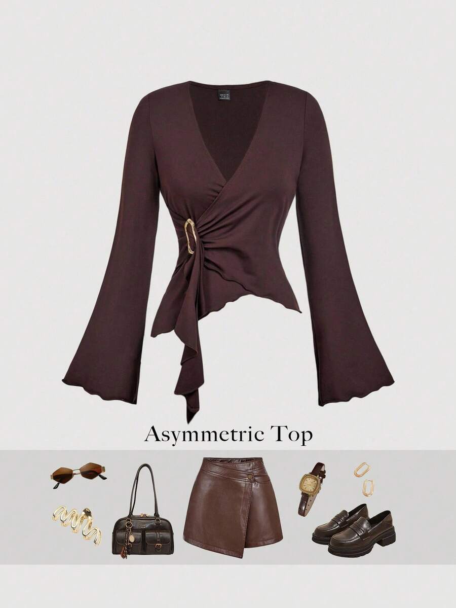 SHEIN MOD Women's Casual Solid Color V-Neck Long Sleeve T-Shirt, Fall/Winter, Women's Halloween Costume ,Casual For Women , Brown Top - Brown - View 1