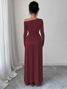 Elenzga Spring & Autumn Back To School New Brown Elastic Striped Relaxed Suit, Oblique Shoulder Design Pleated Fitted Long Sleeve T-Shirt + High Waist Pleated Flared Skirt 2 Pieces Set For Women - Burgundy - View 2