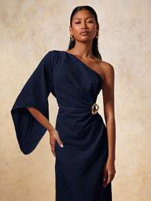 COSMINA 女士优雅金属扣不对称连衣裙 - 藍色 - 查看 7