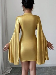 Selianne Women's Mock Neck Fitted Extra Long Sleeve Mini Dress - Gold - View 2