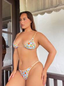 Nezia Cruz 2 件套性感水果印花撞色边饰泳衣上衣和侧带泳衣下装，夏季假期 - 彩色 - 查看 5