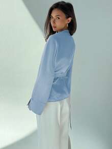 Aloruh Áo sơ mi công sở/thường ngày quấn quanh màu xanh nhạt dành cho nữ - Màu xanh nhạt - Xem 2