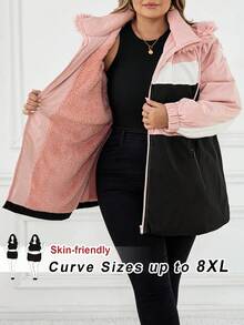 SHEIN CURVE+ Plus Size Multi-Color Patchwork Thermal Lined Hooded Padded Coat For Women In Fall/Winter - Multicolor - View 9