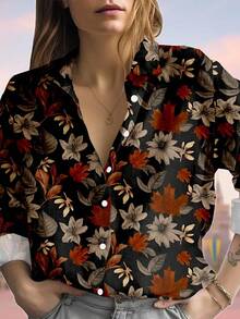 EMERY ROSE Women Casual Leaf Print Long Sleeve Shirt, Women Vintage Clothes