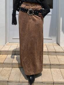 Livesso 宽松休闲商务办公印花直筒半身裙，适合秋冬季穿着。 - 棕色 - 查看 4