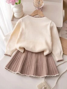 Souflis Souflis Young Girls 2 Pieces Knitted Set, Young Girl Cute Bow Sweater & Pleated Skirt Outfit, Winter