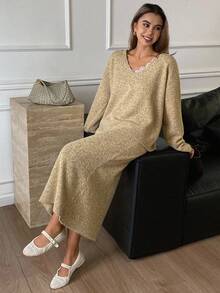 DAZY Conjunto de 2 piezas de vestido maxi elegante con cuello de encaje, suéter de manga larga con cuello en V de gasa con flores y ajuste ceñido para otoño/invierno - Amarillo - Ver 6