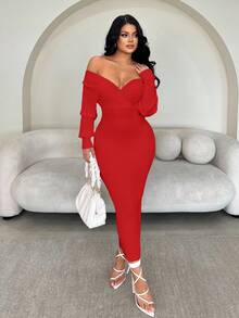 SHEIN SXY 女士性感优雅白色 V 领露肩长袖修身毛衣裙，适合日常穿着、办公室、约会、休闲、派对、感恩节、圣诞节白色中长裙白色长袖连衣裙白色紧身连衣裙罗纹中长裙秋冬 - 紅色 - 查看 6