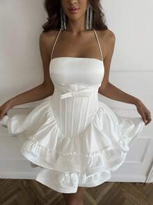 SHEIN BAE 优雅蝴蝶结装饰荷叶边美人鱼下摆性感迷你派对连衣裙