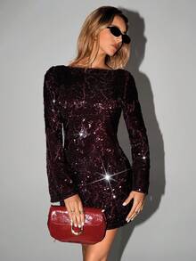 Avantive 秋季/秋冬/返校/乡村音乐会派对外出时尚/基本款/毕业万圣节勃艮第长袖露背亮片迷你连衣裙 - 酒紅色 - 查看 7