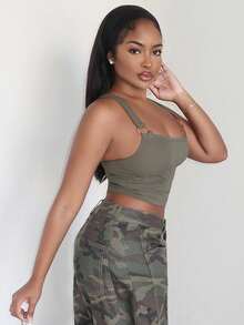 Alexandranx Débardeur côtelé femme avec boucle, style streetwear Y2K pour vacances à la plage, vert olive - Militaire verte - Voir 3