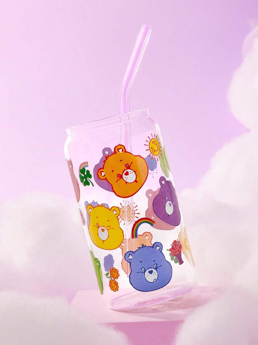 SHEIN X Care Bears 500ml/17.6oz 可爱卡通欢乐熊、熊、分享熊图案印花高硼硅玻璃杯,配有吸管清洁刷和吸管,耐热耐寒 - 無色 - 查看 1