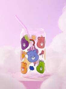 SHEIN X Care Bears 500ml/17.6oz 可爱卡通欢乐熊、熊、分享熊图案印花高硼硅玻璃杯，配有吸管清洁刷和吸管，耐热耐寒 - 無色 - 查看 3