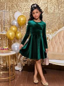 SHEIN 青少年女孩优雅水钻天鹅绒圆领荷叶边下摆露背蝴蝶结长袖连衣裙，翠绿色，适合圣诞节、派对、聚会、郊游 - 墨綠色 - 查看 5