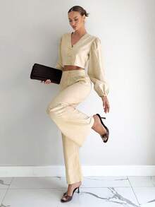 Siren Gaze 2pcs/Set Women Linen V-Neck Flare Sleeve Top And Casual Straight Leg Long Sleeve Pants Set, Khaki Winter