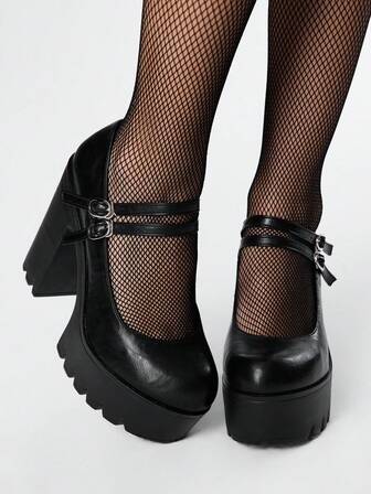 Goth Tacones de plataforma sexy y gruesos para mujer, zapatos Mary Jane de tacón alto con doble hebilla y tira de metal de unicolor, de moda para primavera/otoño
