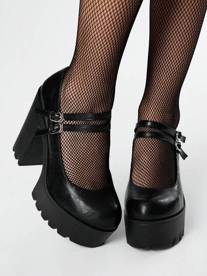 Goth Women's Sexy Thick Sole Platform Pumps, Spring/Autumn Fashion Solid Color Metal Double Strap Buckle High Heel Mary Jane Shoes