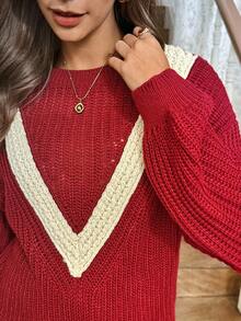 SHEIN LUNE Pull décontracté à manches longues, col rond, épaules tombantes, style western, blocs de couleurs, pour femmes, automne/hiver - Rouge foncé - Voir 7