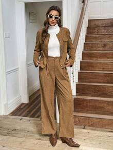 LanaWest 2pcs Vintage Corduroy Set Women, Short Jacket And Wide Leg Pants