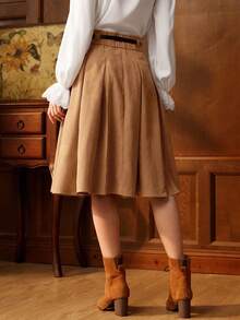 Vintamour 复古优雅的女士褶皱 A 字裙，配腰带，棕色，适合工作或休闲场合，返校服装秋装秋装教师服装冬季女士复古服装卡其色裙子返校节裙子短款栗色 - 卡其色 - 查看 4