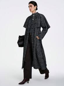 SHEIN LUNE 女士休闲长袖收腰高领人字纹长款大衣，适合外穿 - 黑與白 - 查看 5