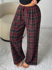 Dazy Plus Quần ngủ dài kẻ sọc thẳng rộng rãi, ấm áp cỡ lớn cho nữ, mùa xuân/thu, thu và đông - Màu Đỏ Sâu - Xem 8