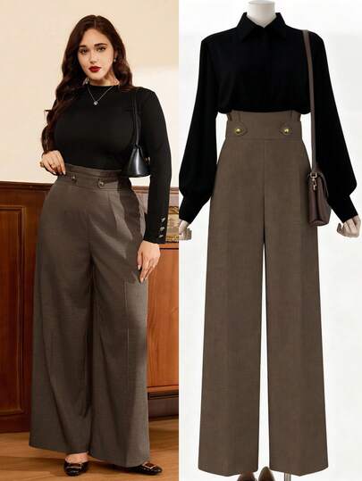 Auvina Plus Size Solid Color Casual Wide Leg Pants, Minimalist & Fashionable, Suitable For Daily Wear With Suits, Stylish And Elegant