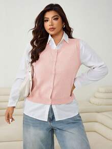 SHEIN EZwear 秋冬休闲大码纯色针织背心 - 粉色 - 查看 4