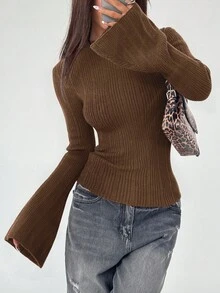 SHEIN Unity 女式纯色立领喇叭袖罗纹修身毛衣 - 巧克力棕 - 查看 4
