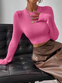 Rafferiza Women's Solid Color Round Neck Long Sleeve Cropped Fitted Pullover Sweater, Autumn - Hot Pink - View 6