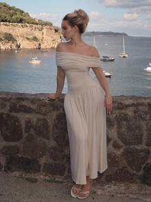 Turnttoni Vestido Feminino de Ombro à Mostra com Cintura Recortada, Simples e Minimalista, Verão