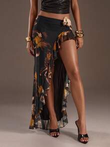 Glamine 女式不对称荷叶边下摆网眼印花低腰半身裙，夏季女士服装，夏季度假半身裙，适合日常约会、派对、聚会、鸡尾酒会、泳池派对、返校服装、返校半身裙、度假半身裙 - 棕色 - 查看 6