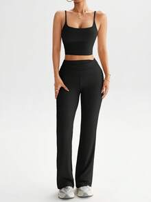 Dewbera 女士三件套瑜伽健身套装，休闲性感户外跑步 U 领上衣，舒适收腹提拉紧身裤，高领紧身长袖拇指孔夹克 - 黑色 - 查看 6