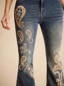 ROMWE EDITION 女士复古嬉皮佩斯利亮片刺绣修身喇叭低腰牛仔裤 - 寶藍色 - 查看 9