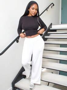 Alexandranx Bequeme und lässige schlichte gestrickte Damenhosen mit weitem Bein und niedriger Taille