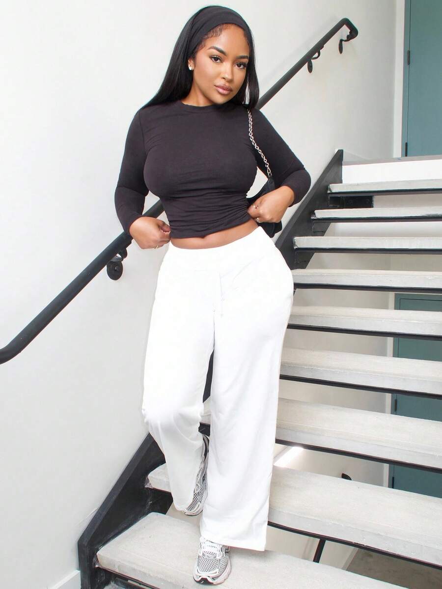 Alexandranx Bequeme und lässige schlichte gestrickte Damenhosen mit weitem Bein und niedriger Taille