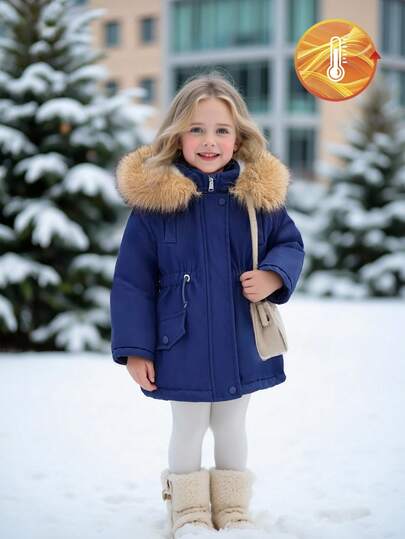 SHEIN 年轻女孩冬季中长款连帽派克大衣，仿皮草领，纽扣开合，腰部收紧，保暖衬里，休闲百搭外套