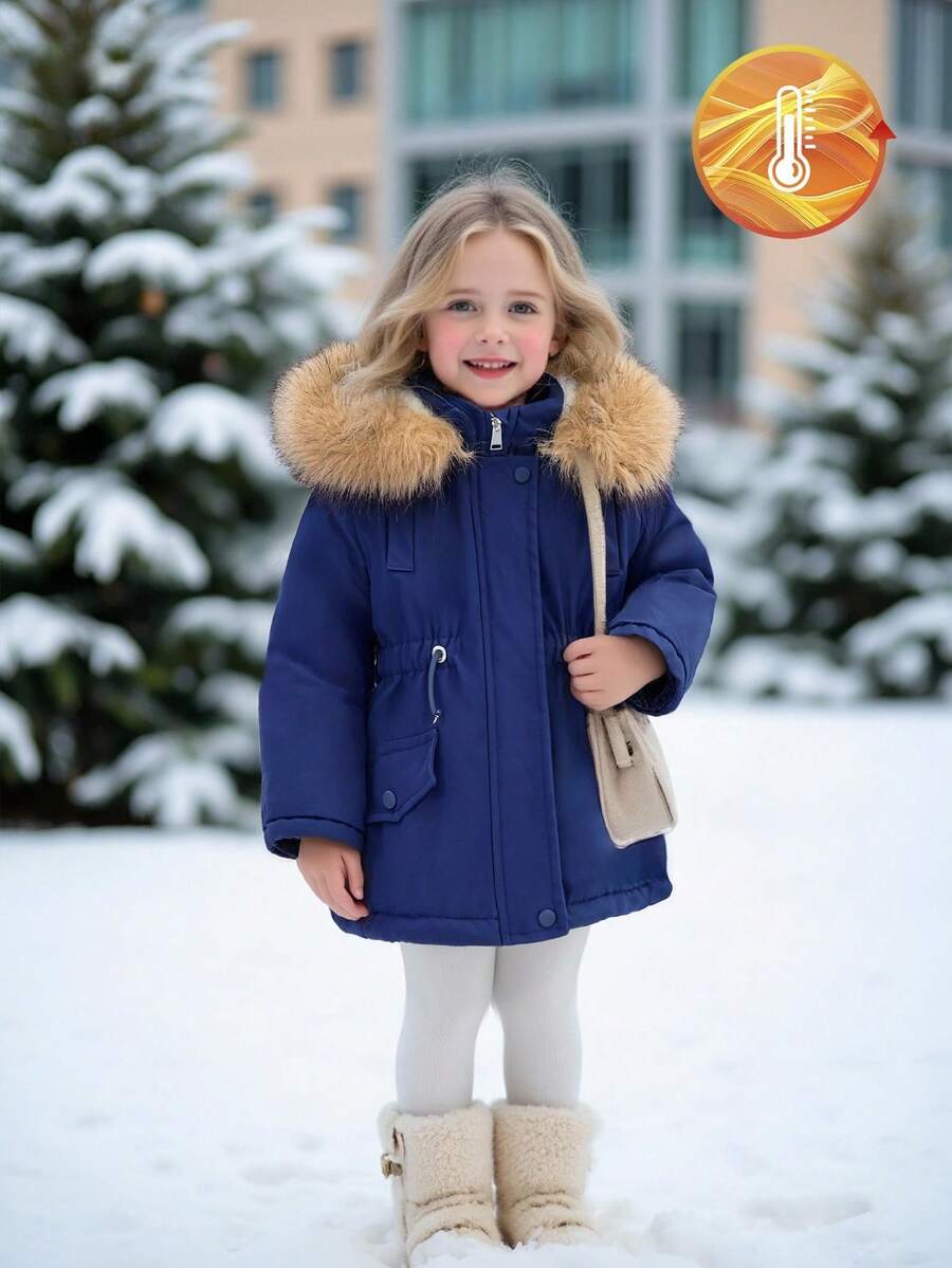 SHEIN 年轻女孩冬季中长款连帽派克大衣，仿皮草领，纽扣开合，腰部收紧，保暖衬里，休闲百搭外套 - 藏蓝色 - 查看 1