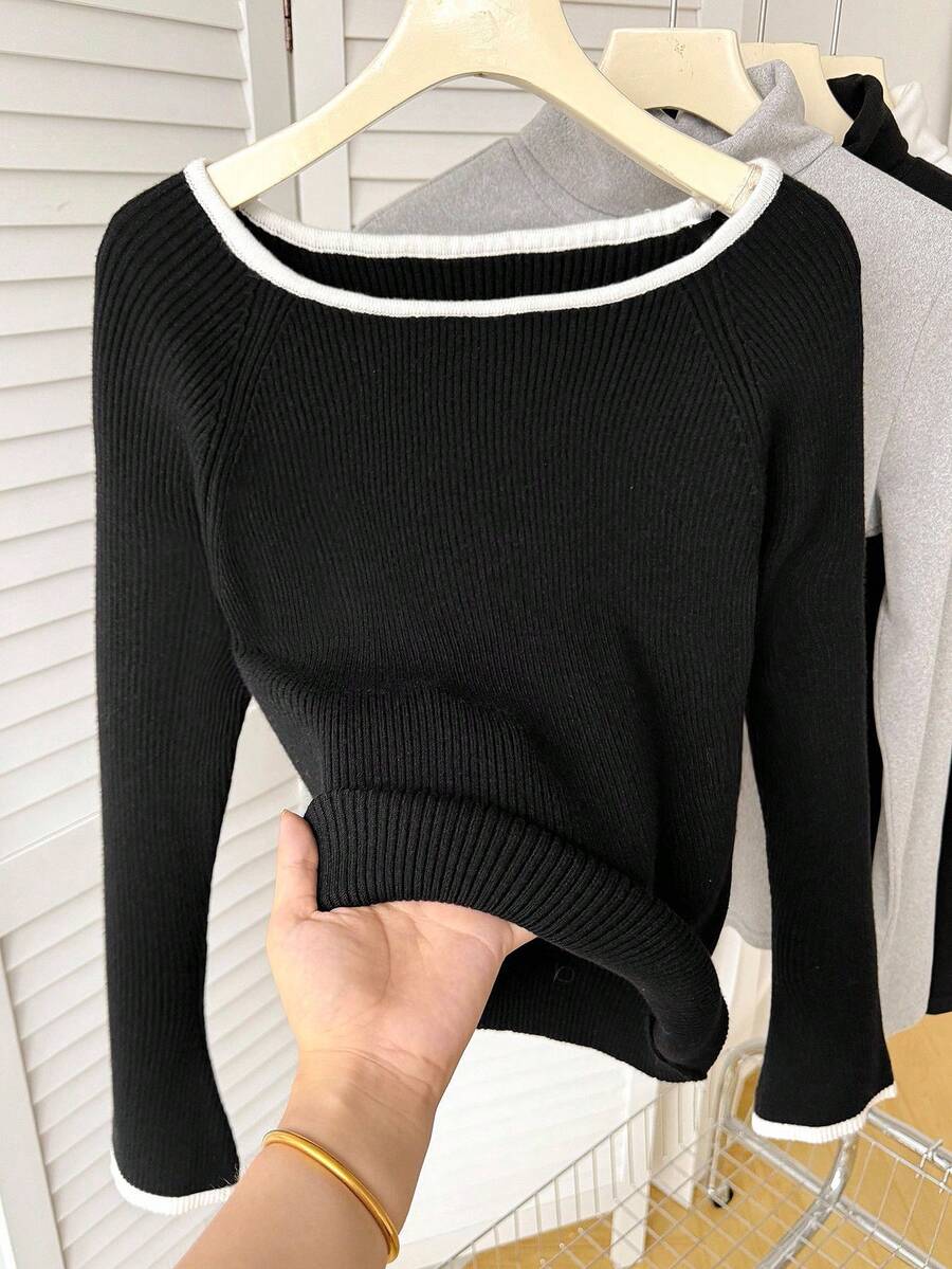 SHEIN 少女修身喇叭袖毛衣，黑白条纹长袖休闲套头衫，优雅柔软，学院风长袖针织毛衣，适合万圣节/圣诞节秋冬季穿着 - 黑與白 - 查看 1