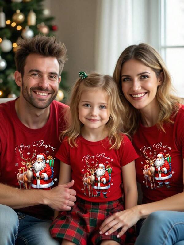SHEIN Weihnachtsoutfit für kleine Mädchen - vielseitige Mode für Kleinkinder, kreativ und süß mit Weihnachtsrentier- und Weihnachtsmann-Grafik-Muster, passt zu allem, rotes Kurzarm-T-Shirt, geeignet für Weihnachtspartys