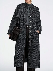 SHEIN LUNE 女士休闲长袖收腰高领人字纹长款大衣，适合外穿 - 黑與白 - 查看 4