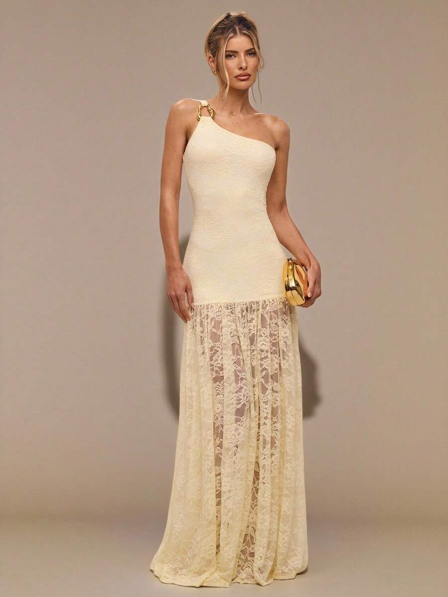 SHEIN BAE 杏色不对称肩部无袖连衣裙，配金属纽扣和半透明蕾丝下摆，适合秋冬季节，可用于鸡尾酒会、浪漫约会、秋冬季内搭、派对、正式聚会、晚间外出、婚礼派对礼服、万圣节服装等场合。 - 杏色 - 查看 1