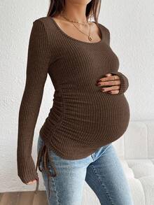 SHEIN Herbst/Winter Lässiges Umstandsmode Top mit Kordelzug und Rüschen, Stilloberteil, Schwangerschaftsshirts, Schwangerschaftskleidung, Braunes Langarmoberteil