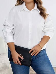 SHEIN CURVE+ Áo sơ mi công sở màu trắng dáng rộng cỡ lớn, thích hợp cho mùa xuân/hè 2025, kiểu dáng Ins, phù hợp cho mùa hè/đồng quê/kỳ nghỉ biển/trang phục đi biển/mùa thu/mùa đông. - trắng - Xem 8