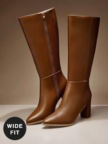 SHUZIA Giày bốt cao đến đầu gối màu nâu PU có khóa kéo bên hông #WideCalf dành cho nữ - Hoàn thiện bóng bẩy cho vẻ ngoài bóng bẩy hàng ngày - màu nâu - Xem 6