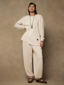 SHEIN VCAY Plus Size Casual Solid Color Top And Pants 2 Pieces Set, Autumn - Apricot - View 4