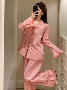 DAZY Conjunto de pijama holgado de mujer con estampado de salpicaduras de agua y cordones, ropa de otoño e invierno - Rosa - Ver 5